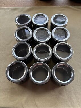 Set of 12 Small Metal Storage Jars with Clear Lids
